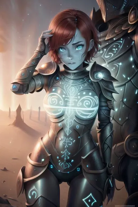 <lora:glowingrunesai_v10:1> glowingrunesai, armor, proportional eyes, (realistic:1.5), extremely detailed, hyper detailed, soft lighting, detailed background, extreme detail background, sharp details, beautiful face, symmetrical eyes, short red hair, short hair, red hair, green eyes, woman, high quality, (full body:1.3),