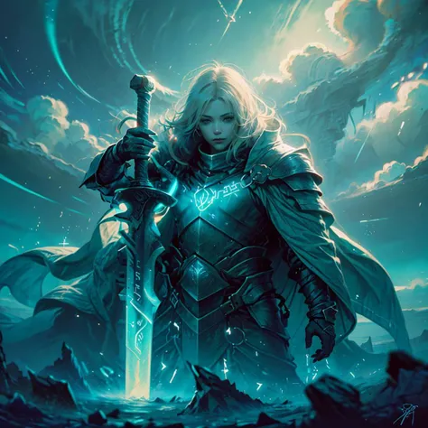 best quality , masterpiece, dark armor, GlowingRunesAIV2_paleblue, 1girl, sword, white hair,  beautiful face, perfect blue eyes glowing, slim body, long hair