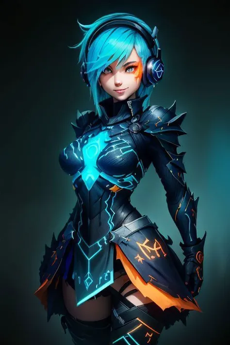 (masterpiece, best quality:1.2), cowboy shot, solo, 1girl,, smile, hexagon, looking at viewer, long two-tone hair cyan orange edgScene hairstyle, headphones, hairband, hair ornament, long sleeves, dark blue GlowingRunesAI_paleblue [(crNanosuit|War_Glam)::0.85]_breastplate, skirt orange pants <lora:edgNanoWarrior:0.88> <lora:EDGHAIRSALON_edgScene:0.75> <lora:GlowingRunesAIV3:0.5>
