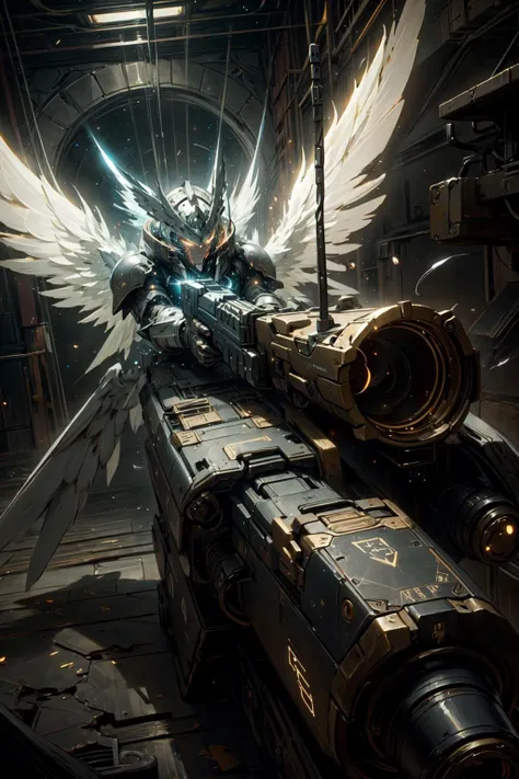 (masterpiece, best quality:1.3),extremely high detailed, intricate, 8k, HDR, wallpaper, cinematic lighting, <lora:Mecha:1> ,(universe:1.4),gun,(shooting position:1.3), glowing, armor, glowing eyes, mecha, large wings, <lora:GlowingRunesAIV6:0.5>