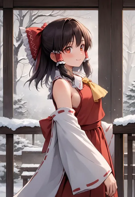 1 girl, whole body, hakurei reimu,1girl,solo,detached sleeves, hair bow, red bow, ascot, hair tubes, skirt, frills, red skirt, yellow ascot, wide sleeves, standing, frilled bow, red shirt, frilled skirt, ribbon-trimmed sleeves, frilled shirt collar, bare shoulders, red vest, petticoat, nontraditional miko, kotatsu, winter, foggy, snow, inside shrine, short female, blush, cute, smile, detailed face, detailed body, side view, white inner