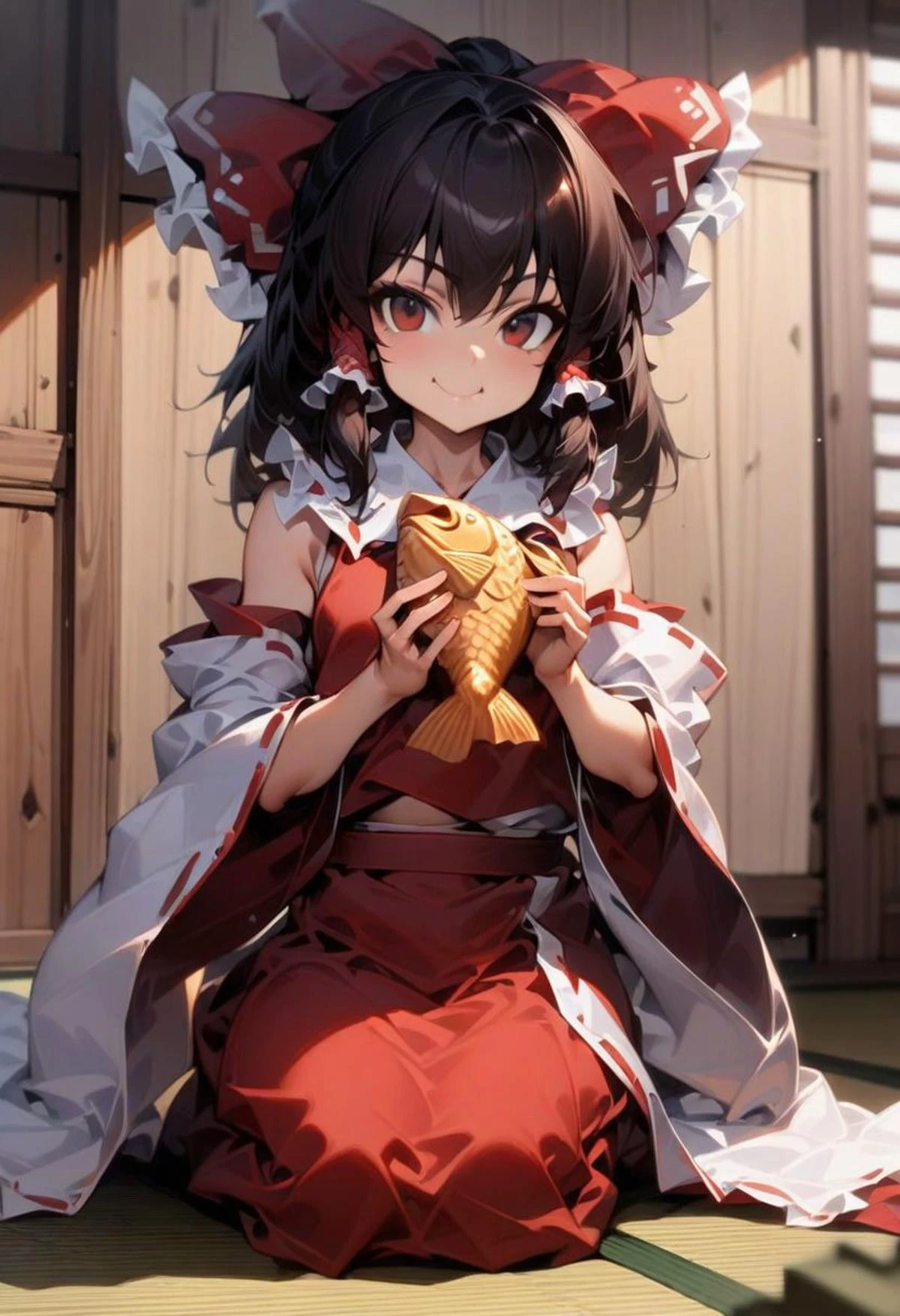 hakurei reimu, touhou, reimu,
masterpiece, 1girl , black hair, eating taiyaki , seiza sitting on tatami, smile, cute, pure, quality, determined, extremely detailed, innocent, depicted, sharp detail, great composition, intricate, complex, professional, stunning, attractive, illustrious