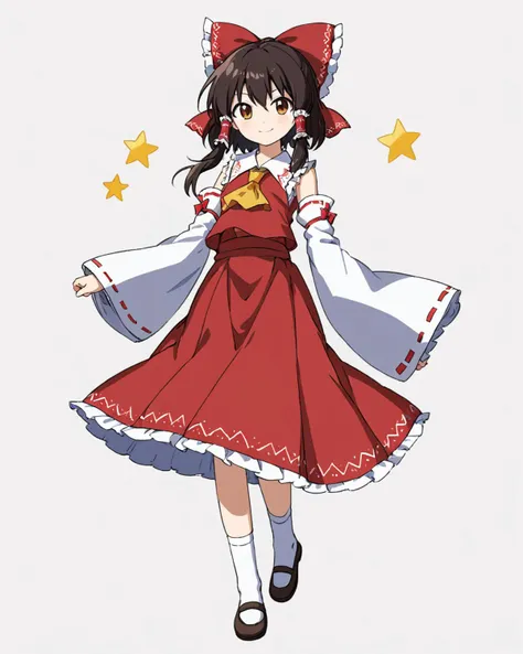 hakurei reimu,1girl, gohei, solo, detached_sleeves, hair_tubes, hair_bow, red_bow, smile, full_body, white_sleeves, red_skirt, wide_sleeves, looking_at_viewer, white_socks, ribbon-trimmed_sleeves, red_dress, ascot, nontraditional_miko, holding, simple_background, white_background, standing
<lora:hakurei_reimu_image6409_2023-12-06-000004:1>,star-shaped_pupils,symbol-shaped_pupils,. gorgeous,key visual, vibrant, studio anime,award-winning, professional, highly detailed,high budget, cinemascope