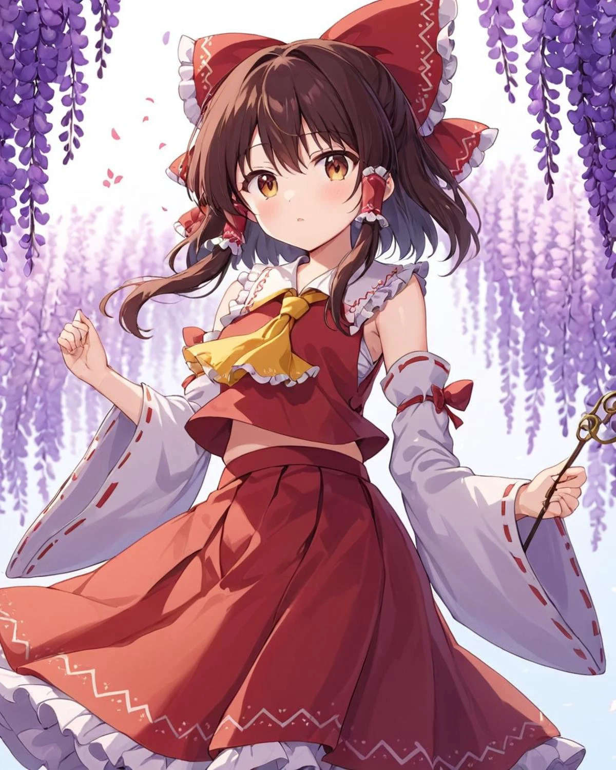 hakurei reimu,1girl, solo, red_bow, hair_bow, detached_sleeves, red_skirt, yellow_ascot, gohei, wisteria, wide_sleeves, looking_at_viewer, red_vest, frilled_bow, holding, frilled_skirt, petals, frilled_hair_tubes, depth_of_field, red_shirt, parted_lips, sidelocks, floral_print, white_sleeves, long_sleeves, frilled_shirt_collar, nontraditional_miko, blush
<lora:hakurei_reimu_image6409_2023-12-06-000004:1>,star-shaped_pupils,symbol-shaped_pupils,. gorgeous,key visual, vibrant, studio anime,award-winning, professional, highly detailed,high budget, cinemascope