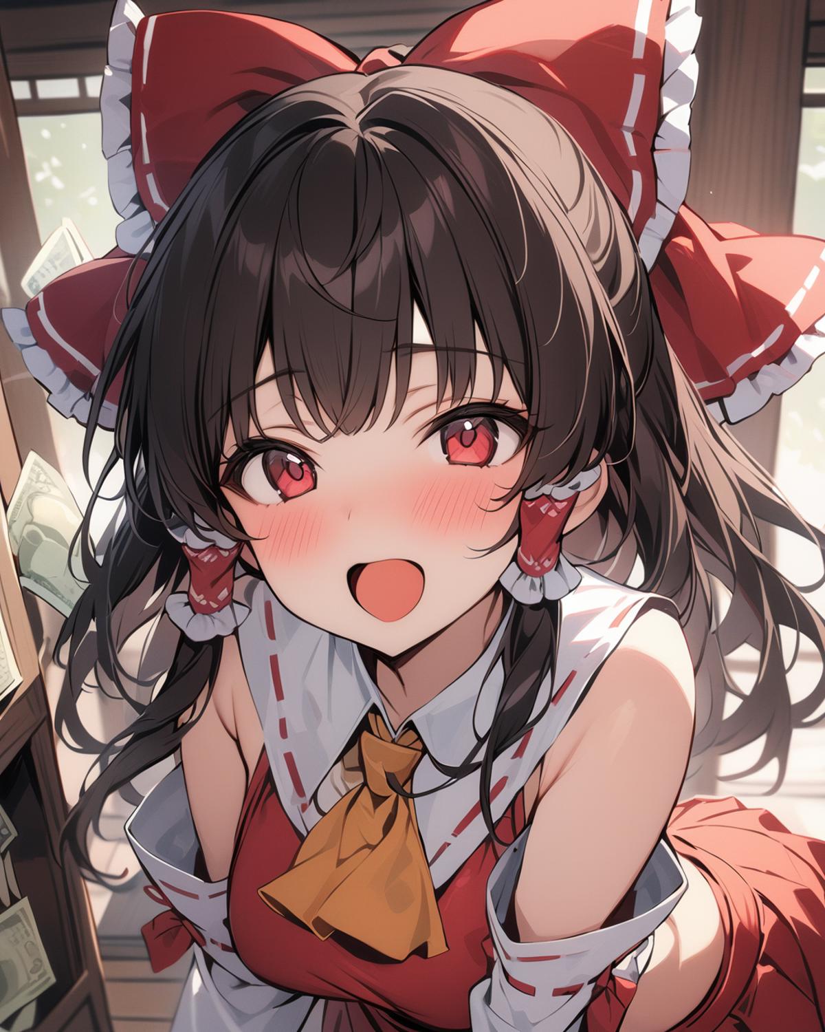 Anime girl with a red dress and a red hat holding her hands up - SeaArt AI
