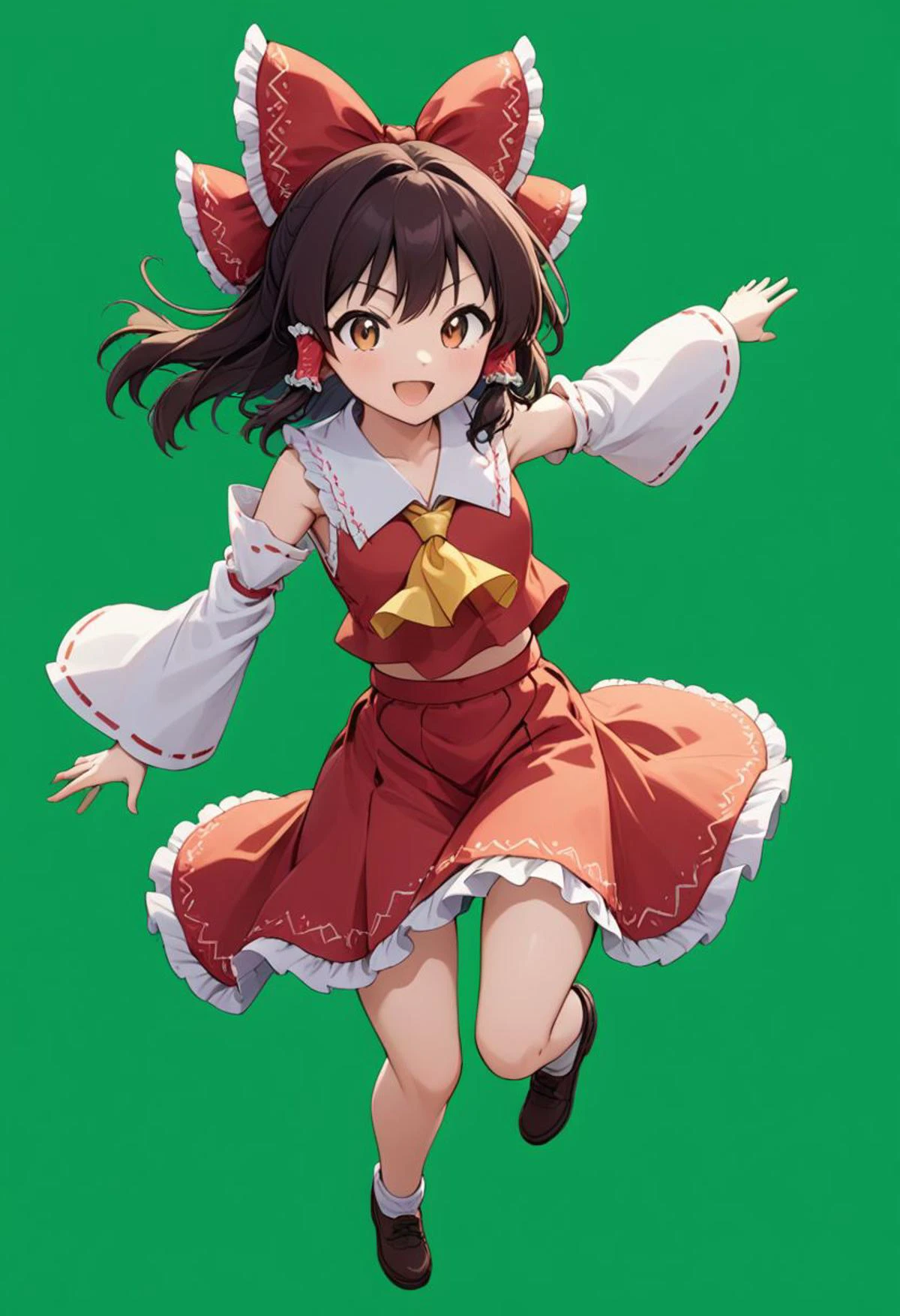 hakurei reimu, 1girl, red_bow, hair_bow, frilled_bow, frilled_hair_tubes,detached_sleeves,sleeves, w, open mouth , skirt<lora:hakurei_reimu_image6409_2023-12-06-000004:1>,symbol-shaped_pupils, gorgeous,key visual, vibrant, studio anime,award-winning, professional, highly detailed,high budget, cinemascope, fantasy, masterpeice, smile, creative, artwork, magic, floating , jump forward, energetic, excited,happy , simple backgound, single color background, charming, wind,green screen
