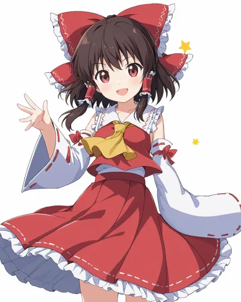 hakurei reimu,1girl, solo, white_background, hair_tubes, detached_sleeves, simple_background, gohei, hair_bow, skirt, open_mouth, red_bow, looking_at_viewer, smile, ascot, ribbon
<lora:hakurei_reimu_image6409_2023-12-06-000004:1>,star-shaped_pupils,symbol-shaped_pupils,. gorgeous,key visual, vibrant, studio anime,award-winning, professional, highly detailed,high budget, cinemascope