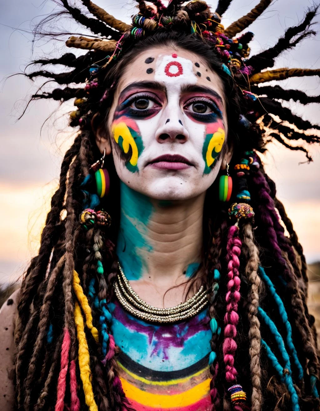 close up of a woman, face centered, hippie at burning man, covered in mud, long hair with colorful beads and dreads, rainbow face paint, paint fading, dirty face, finely detailed eyes, award winning photography, night time, dark, rembrandt lighting, happy, high detail
<lora:eye_size_slider_v1:8>
