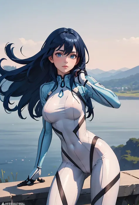 (masterpiece, best quality), 1girl, <lora:AeroMarvel:0.8> AeroMarvel, 1girl, solo, long hair, blue eyes, large breasts, black hair, blue hair, white bodysuit,