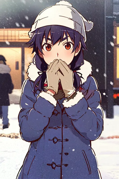 1girl, (masterpiece), (best quality), (detailed),(sketch:1.2), monogatari \(series\), kanbaru suruga, long hair, twintails, winter clothes, winter coat, fur trim, gloves, fur hat, (breath: 1.2), scarf, covering mouth, (snow), dynamic angle, dramatic lighting, street, <lora:kanbaruSuruga_v1:0.9>