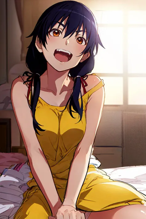 1girl, (masterpiece), (best quality), (detailed),(sketch:1.2), monogatari \(series\), kanbaru suruga, long hair, twintails, casual, strap slip, laughing, pov, dynamic angle, dramatic lighting, bed, <lora:kanbaruSuruga_v1:0.9>