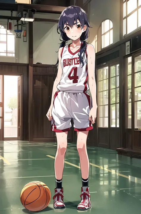 (masterpiece,best quality, detailed), indoors, gym, 1girl, solo, 
kanbaru suruga, basketball uniform, white shorts, sneakers, wet clothes, 
long hair, twintails