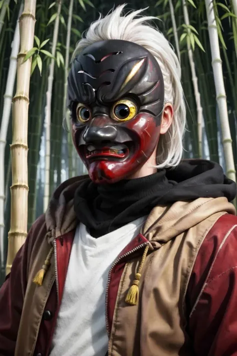 <lora:TenguMaskV0.5z:0.8>,(masterpiece),(ultra-detailed),(best quality),1boy,black TenguMask,long nose of the TenguMask,red eyebrows of the TenguMask,gold eyeballs of the TenguMask,white hair,front view,upper body,bamboo forest,