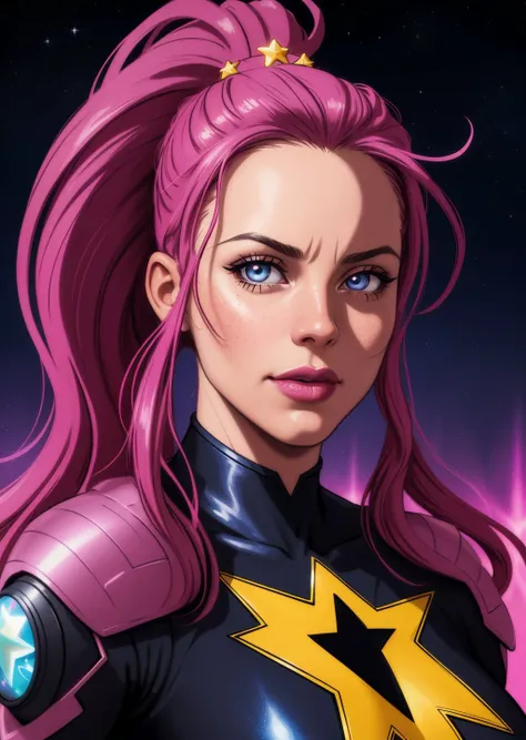 comic bock superhero illustration, 8k closeup portrait, Queen of Chaos, melting into a magical puddle of stars, beautiful eyes, dreadlocks in a ponytail, vibrant colors, highly detailed, digital painting, Style-Gravitymagic, artstation, smooth, sharp focus,(masterpiece), (realistic), 8k, RAW photo, very wide shot, octane render, unreal engine, volumetrics dtx, (film grain, bokeh, blurry foreground)