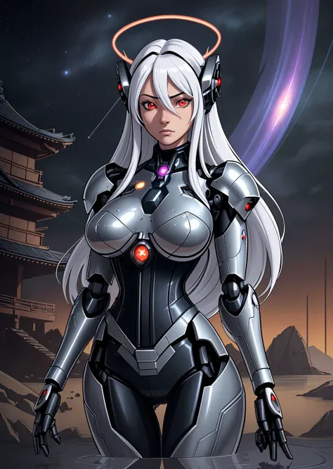 masterpiece,best quality,ultra-detailed,very detailed illustrations,extremely detailed,intricate details,highres,super complex details,extremely detailed 8k cg wallpaper,cowboy shot, caustics,reflection,ray tracing,demontheme,nebula,dark aura,cyber effect, 1girl,solo,alone,mecha musume,mechanical parts, robot joints,single mechanical arm, headgear, mechanical halo,star halo,intricate mechanical bodysuit, mecha corset, kimono, full armor, very long hair,white hair, hair between eyes, multicolored hair, colored inner hair, red eyes,glowing eye,eye trail, random expressions,random action, ancient japanese architecture,pond, starry sky,skyline, city bacground
