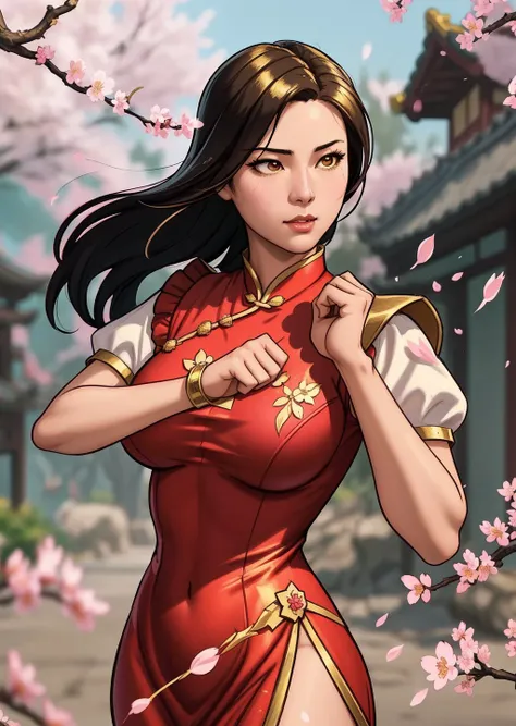 closed up portrait comics bock, chinese hero girl,(detailed clothes features), advn_v1 dress, dynamic fighter pose, ((gold dress)),(gold sword is clutched in the palm of the hand), (scattered sakura petals:1.2), enemies are attacking in the background, (masterpiece), (realistic), 8k, RAW photo, very wide shot, octane render, unreal engine, volumetrics dtx, (film grain, bokeh, blurry foreground)