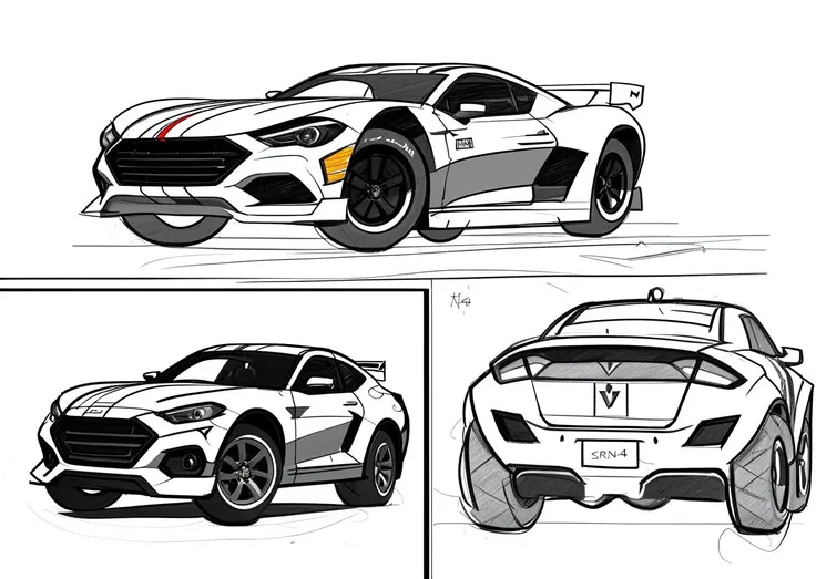 4x4 car sketch, three view, concept sketch, Racing driver, helmet,