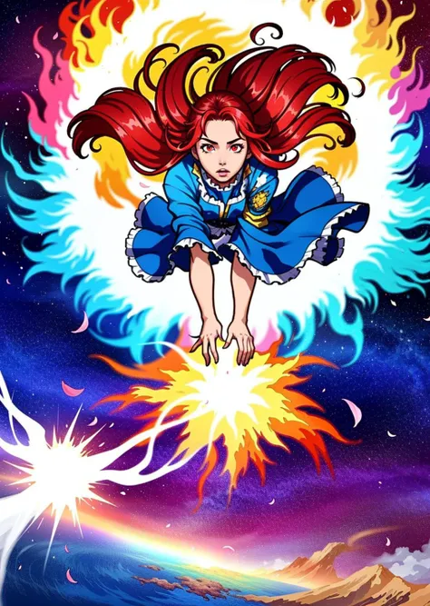 1girl, fine detail, colorful chaos, elegant, vivid colors, atmospheric, petals, vibrant, striking visual design, twisting flowing fabric, the world implodes behind her, action shot, unravelling, unfurling, blossoming, bright eyes, front lit, erupting, undercurrent, endless bloom, portal, top-down camera angle