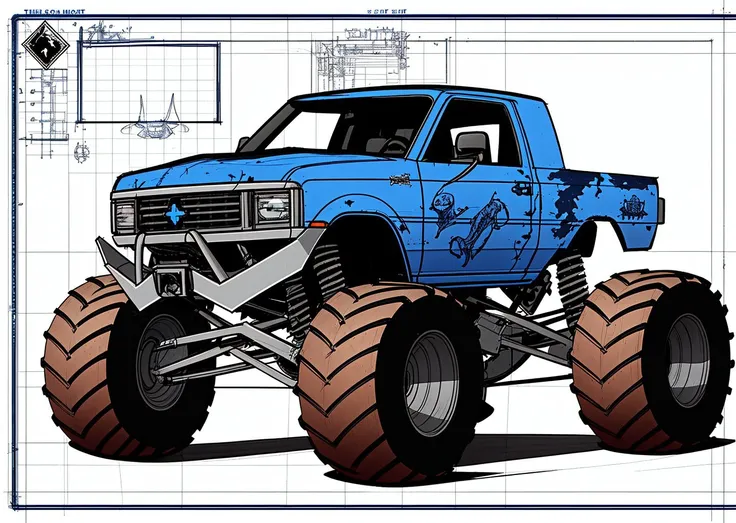 american monster truck blueprint, three view, concept sketch blueprint