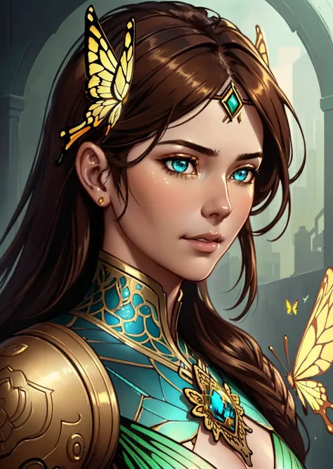 8k portrait of beautiful cyborg with brown hair, intricate, elegant, highly detailed, majestic, digital photography, art by artgerm and ruan jia and greg rutkowski surreal painting gold butterfly filigree, broken glass, (masterpiece, sidelighting, finely detailed beautiful eyes: 1.2), hdr,