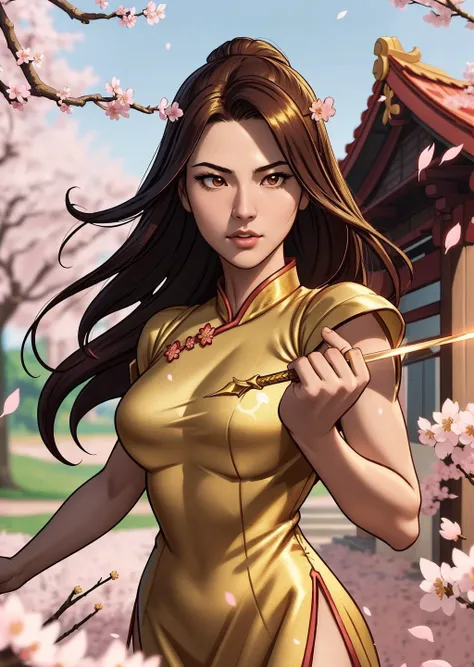 closed up portrait comics bock, chinese hero girl, dynamic fighter pose, ((gold dress)),(gold sword is clutched in the palm of the hand), (scattered sakura petals:1.2),(detailed clothes features), advn_v1 dress, enemies are attacking in the background, (masterpiece), (realistic), 8k, RAW photo, very wide shot, octane render, unreal engine, volumetrics dtx, (film grain, bokeh, blurry foreground)