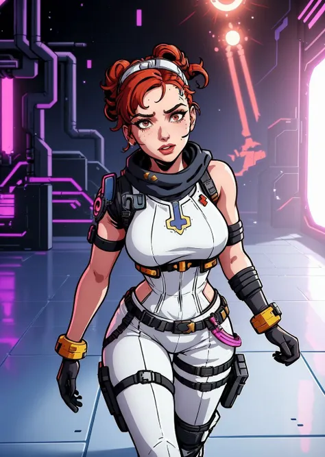 a female character stand on the white floor, chemistry factory background, (apexlegends_style:1.0)