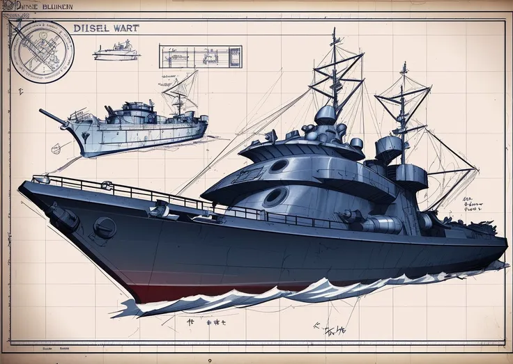 diesel war boat blueprint, three view, concept sketch blueprint