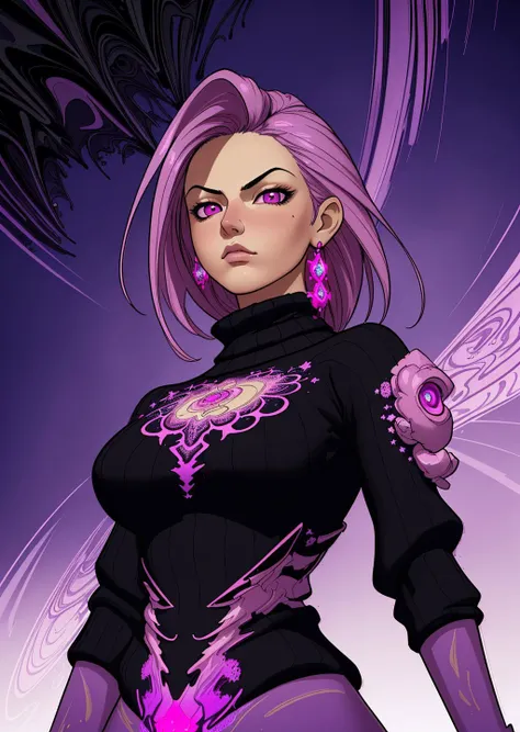 3dmm style,(masterpiece, top quality, best quality, official art, beautiful and aesthetic:1.2), (fractal art:1.3), 1girl, beautiful, high detailed, purple hair with a hint of pink, pink eyes, dark lighting, serious face, looking the sky, sky, medium shot, black sweater, jewelry