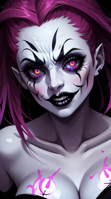 insane clown woman,glowing eyes,terrifying face,ultra hd,8k quality,close-up,