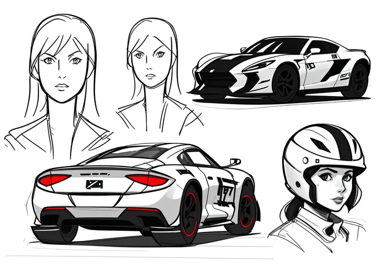 future 4x4 car sketch, three view, concept sketch, Racing driver, helmet, 1girl, fullr body, beauty, text