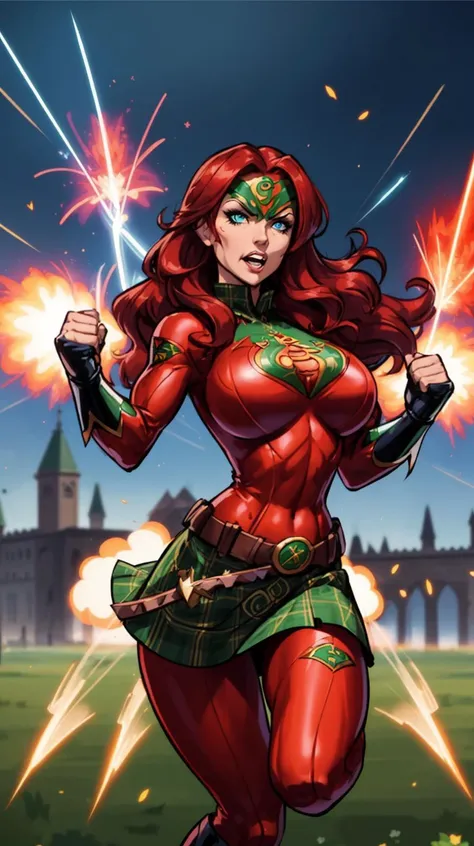 gorgeous celtic woman flying through the air using super powers to fight enemies wearing a skin tight superhero costume,muscular,red hair,very long hair,messy hair,disheveled hair,clenched_teeth,medium breasts,cleavage,latex,superhero mask,kilt,glowing_eyes,energy streaming from hands,clover emblem,flowing plaid cape,angry,