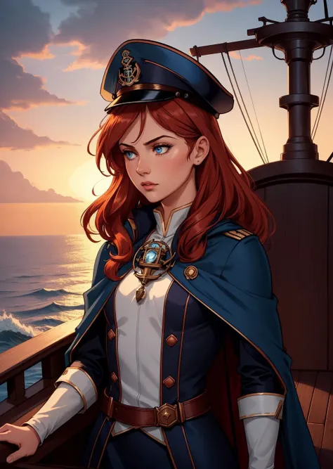 (A small chest:1.2),(masterpiece, best quality:1.2),(beautiful, perfect, delicate, intricate:1.1),1 girl,adult woman,light blue eyes,copper half-up half-down hairstyle,solo,upper body,looking down,detailed background,ship captain,serious,dark red captain uniform,elegant cloak,captain hat,decorations,dynamic pose,on deck of ship,anchor,dawn,dramatic lighting,epic atmosphere,waves on the horizon,<lora:add_detail:0.3>,<lora:GoodHands-beta2:1> asian girl, Ginger head, lies, Sadness