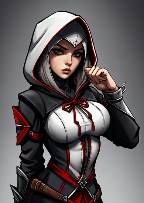 Assassin girl from the, mask, beautiful eyes, hood, Gray-haired head, daggers in hands, terrible, analytical art dynamic pose, Aassassin's Creed style,