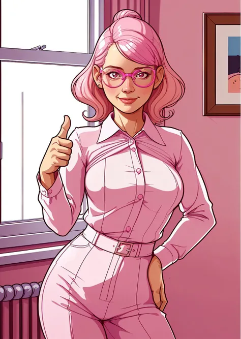 1girl, cute, , 30 years old woman, art by daniela uhlig, wistfullly looking out a window, standing in her room, pink skirtm, white blouse, glasses, GS-Womanly, slouching, pink hair (looking at viewer:1.4) smile, thumbs up