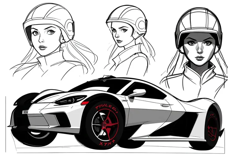 future 4x4 car sketch, three view, concept sketch, Racing driver, helmet, 1girl, fullr body, beauty, text