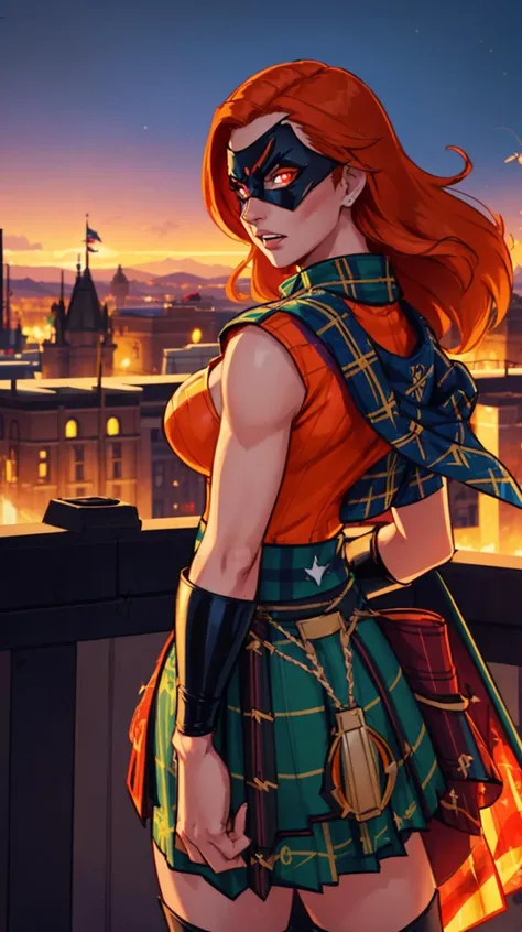 gorgeous celtic woman flying through the air using super powers to fight enemies wearing a skin tight superhero costume,muscular,red hair,very long hair,messy hair,disheveled hair,clenched_teeth,medium breasts,cleavage,latex,superhero mask,kilt,glowing_eyes,energy streaming from hands,clover emblem,flowing plaid cape,angry,