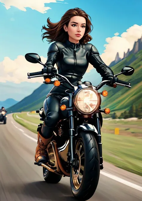 (Riding a motorcycle through haivey:1.3), at high speed, highly detailed face, (woman), In a persons hand, (masterpiece)