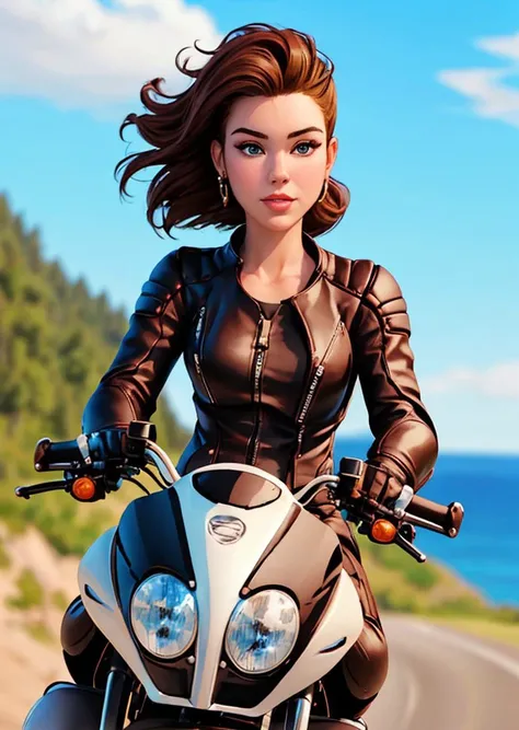 (Riding a motorcycle through haivey:1.3), at high speed, highly detailed face, (woman), In a persons hand, (masterpiece)
