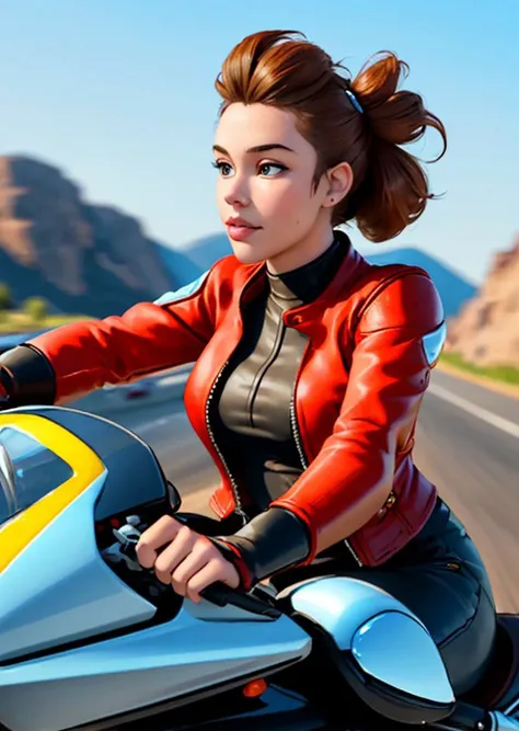 (Riding a motorcycle through haivey:1.3), at high speed, highly detailed face, (woman), In a persons hand, hair fluttering in the headwind,