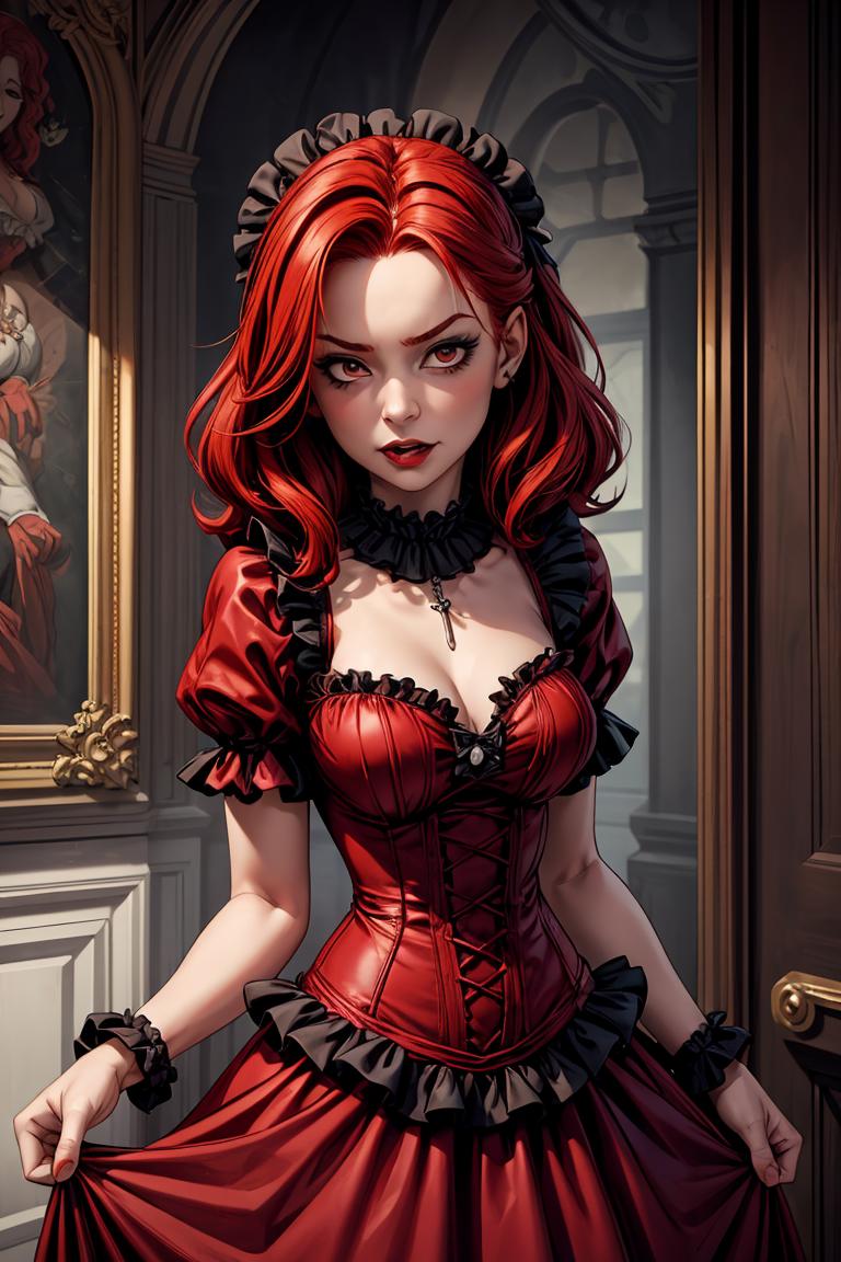 A woman in a red dress standing in front of a painting - SeaArt AI