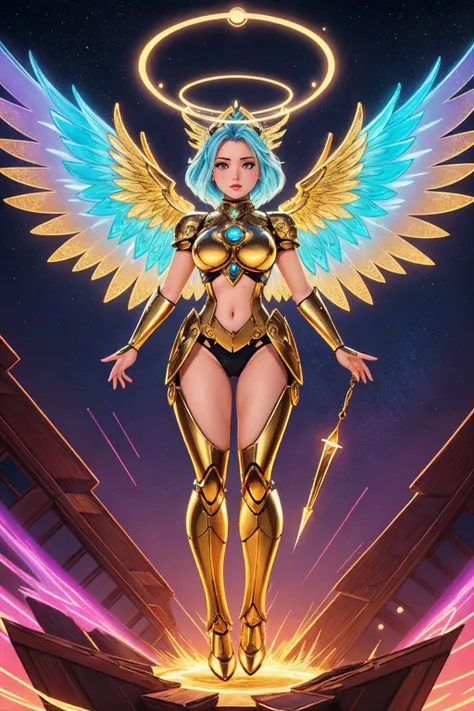 manga page illustration, upper body illustration, full body, fashion of cute mechangel, glowing 4 wings, solo, glowing armor, glowing halo, building, glowing mechanical 4 wings (intricate details, hyperdetailed:1.15), detailed, light passing through hair, (official art, extreme detailed, highest detailed)