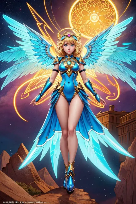 manga page illustration, upper body illustration, full body, fashion of cute mechangel, glowing 4 wings, solo, glowing armor, glowing halo, building, glowing mechanical 4 wings (intricate details, hyperdetailed:1.15), detailed, light passing through hair, (official art, extreme detailed, highest detailed)