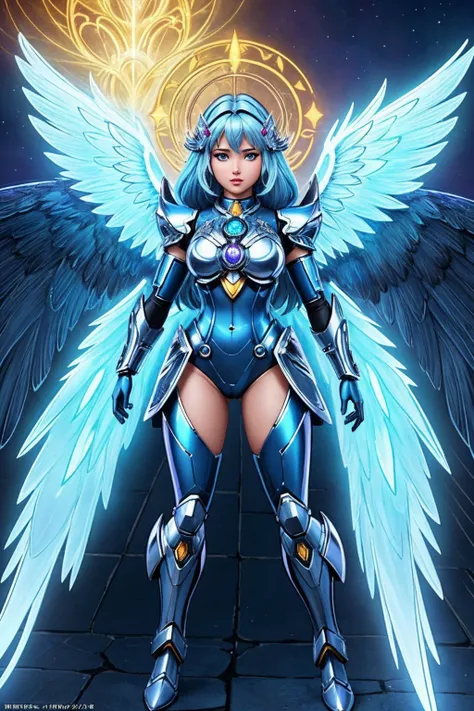 manga page illustration, upper body illustration, full body, fashion of cute mechangel, glowing 4 wings, solo, glowing armor, glowing halo, building, glowing mechanical 4 wings (intricate details, hyperdetailed:1.15), detailed, light passing through hair, (official art, extreme detailed, highest detailed)