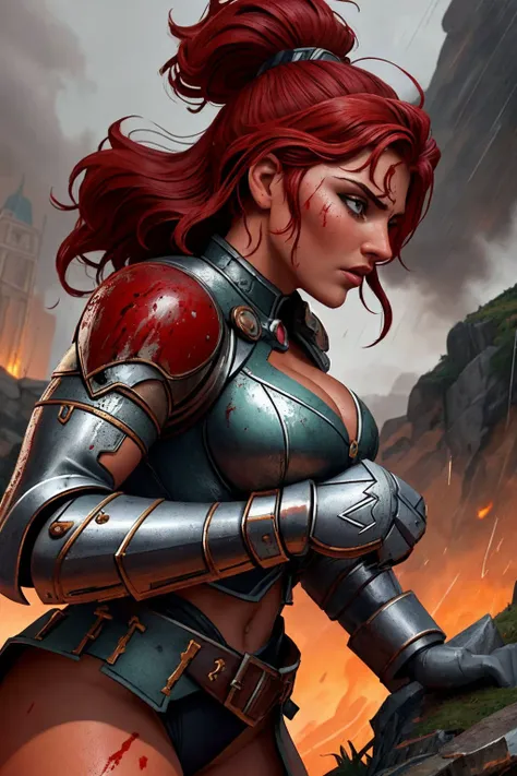 <lora:AbsinthePunkAI:1> style,Epic illustration of a Spartan hoplit woman warrior, standing resolute in the pouring rain,looking at the camera, close up, evoking the grandeur of Gladiator, soaked in blood,undamaged details, while rendering with dynamic lighting, sweeping camera angles, and intense emotional depth,cinematic background