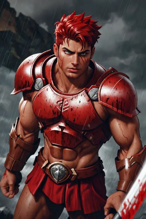 <lora:RetroFuturismAI:1> style,Epic illustration of a Spartan warrior, standing resolute in the pouring rain,looking at the camera, close up, evoking the grandeur of Gladiator, soaked in blood,undamaged details, while rendering with dynamic lighting, sweeping camera angles, and intense emotional depth,cinematic background