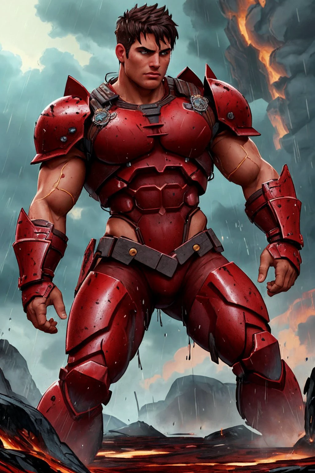 <lora:ExoMagmaTech:1> style,Epic illustration of a Spartan warrior standing resolute in the pouring rain,looking at the camera, close up, evoking the grandeur of Gladiator, soaked in blood,undamaged details, while rendering with dynamic lighting, sweeping camera angles, and intense emotional depth,cinematic background