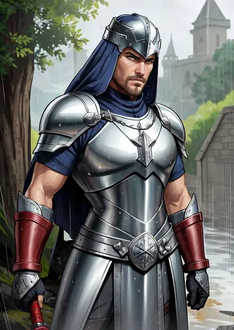 a (man:1.3) medieval war, chain mail, greaves, bracers, pointed helmet, teardrop shield, sword and spear, standing resolute in the pouring rain,looking at the camera, close up, evoking the grandeur of Gladiator, soaked in blood