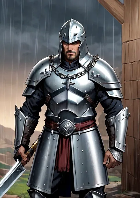 a (man:1.3) medieval war, chain mail, greaves, bracers, pointed helmet, teardrop shield, sword and spear, standing resolute in the pouring rain,looking at the camera, close up, evoking the grandeur of Gladiator, soaked in blood <lora:sd_v15_dpo_lora_v1:1>