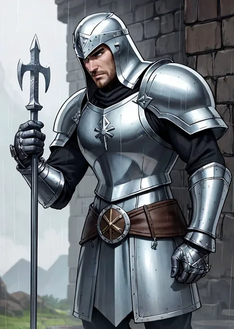 a man medieval war, chain mail, greaves, bracers, pointed helmet, teardrop shield, sword and spear, standing resolute in the pouring rain,looking at the camera, close up, evoking the grandeur of Gladiator, soaked in blood