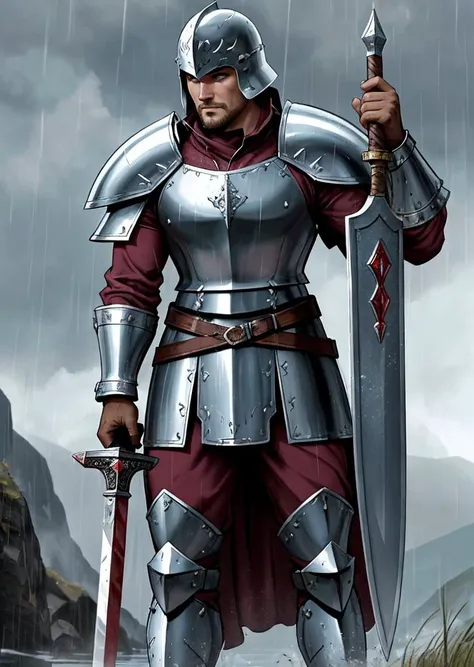 a medieval war, chain mail, greaves, bracers, pointed helmet, teardrop shield, sword and spear, standing resolute in the pouring rain,looking at the camera, close up, evoking the grandeur of Gladiator, soaked in blood